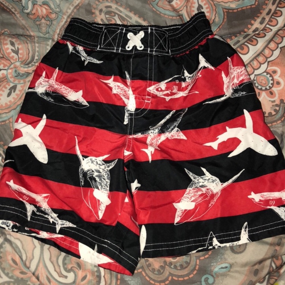 Kids' Red & Black Shark Stripe Swim Trunks
